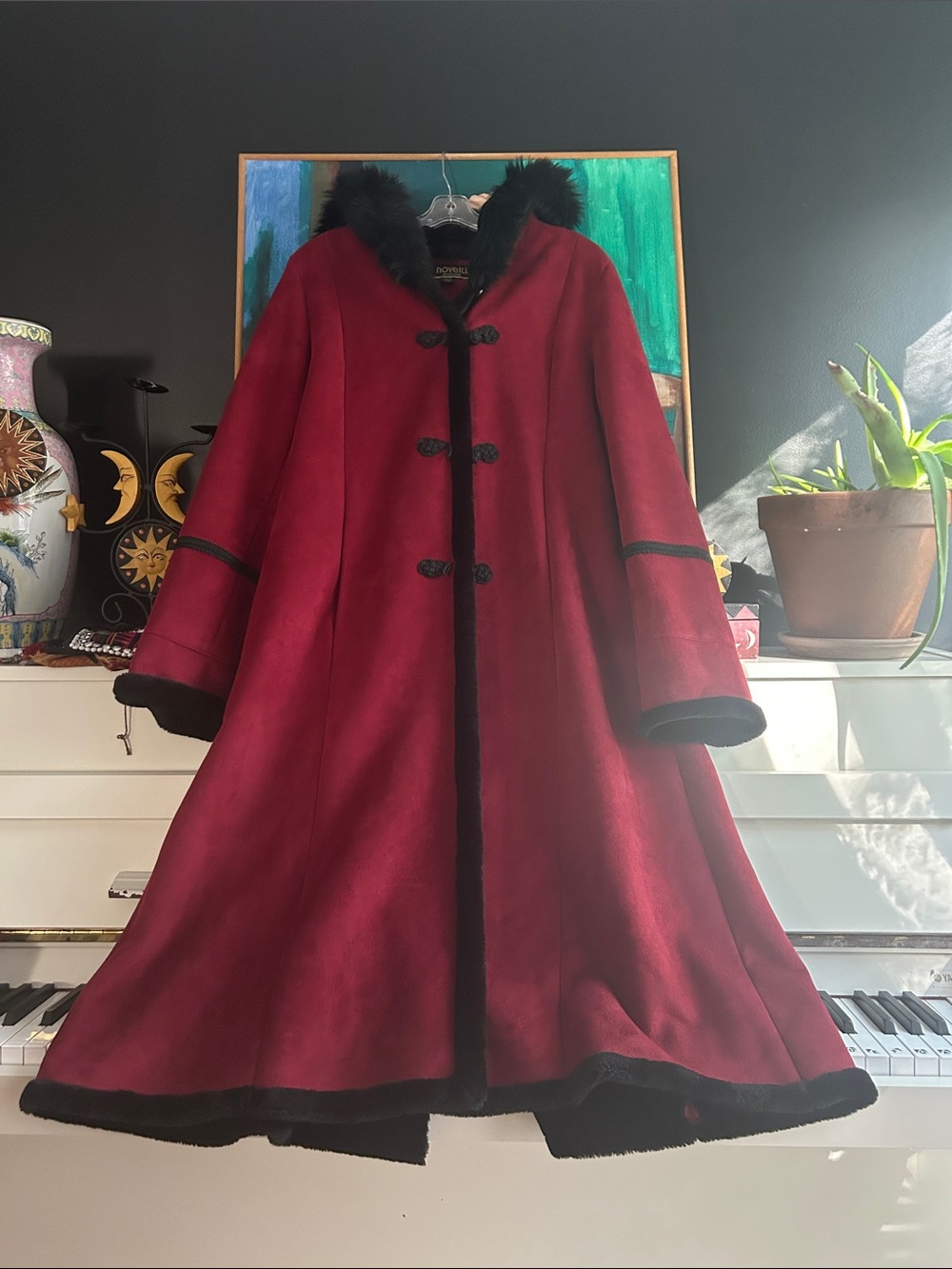 Vintage Novelti Burgundy Hooded Swing Coat with Black Faux-Fur Trim Medium